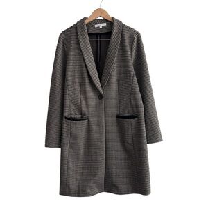 Cleo Plaid Long Single Button Coat with Faux Leather Detail